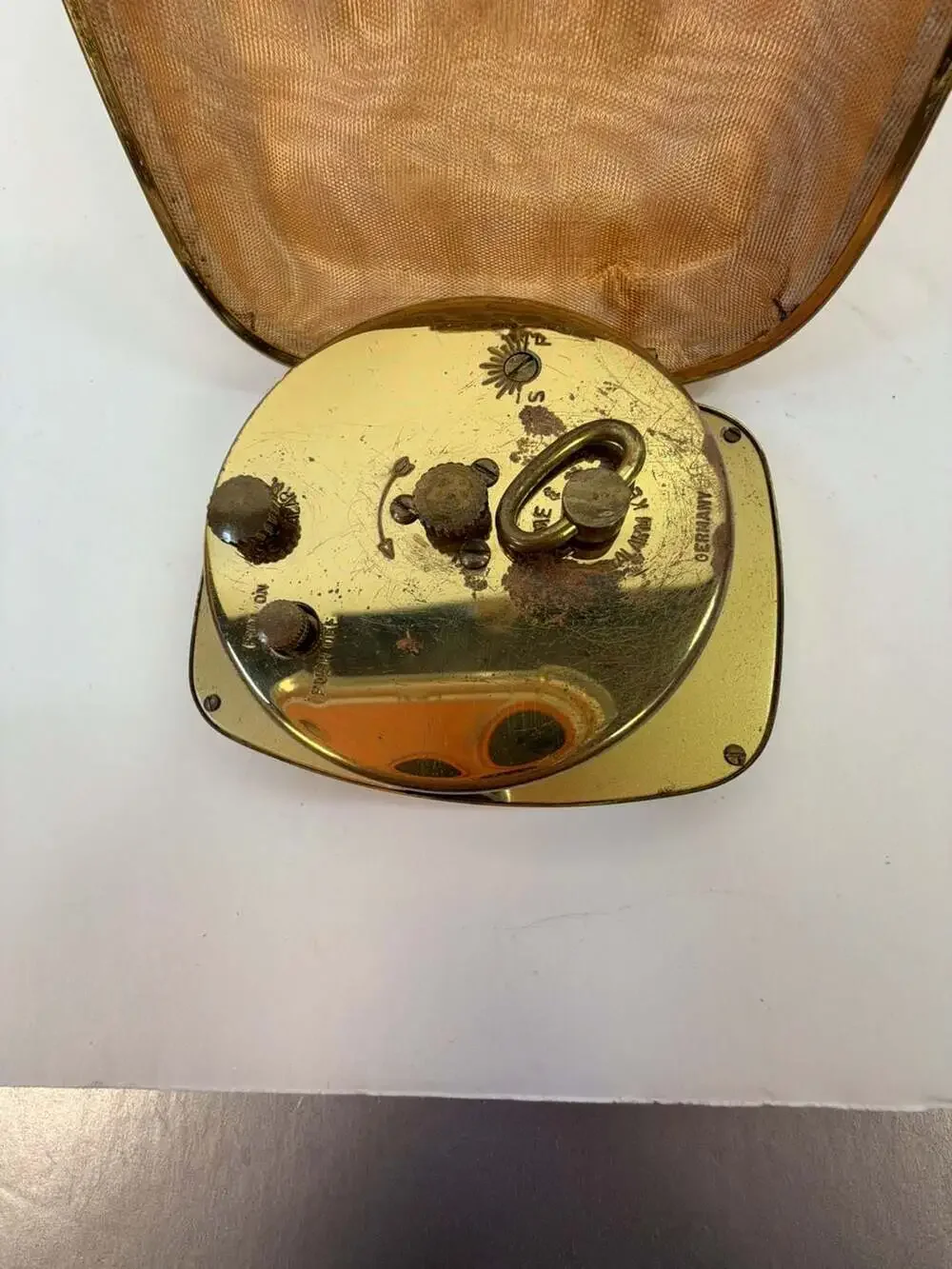 Vintage Bradley Wind-Up Clamshell Travel Alarm Clock, Gold-Tone & Tan Leather Ca